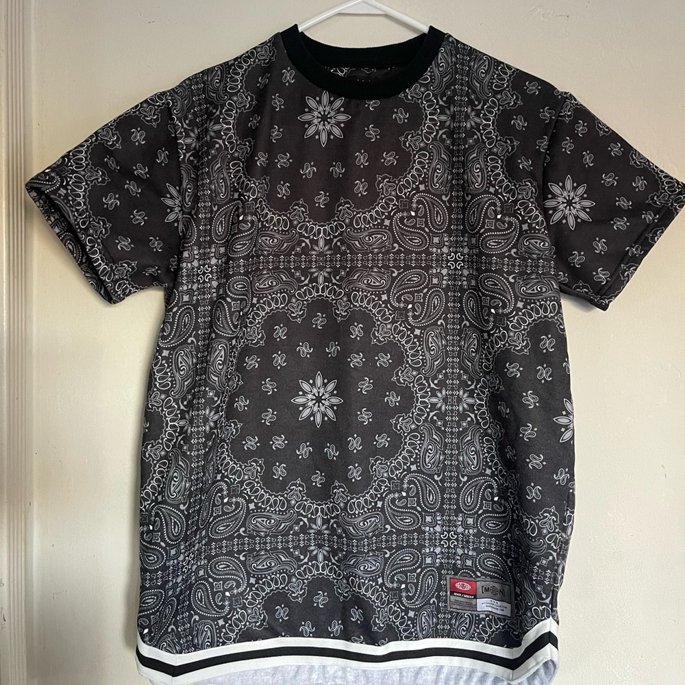 Black and white bandanna print cool shirt.